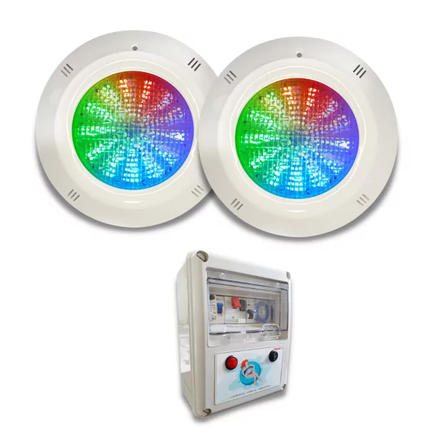 Pack 2 projectores LED RGB de 4 fios 18W 12V DC Basic Range montados na superfície da piscina com painel eléctrico compacto - 1