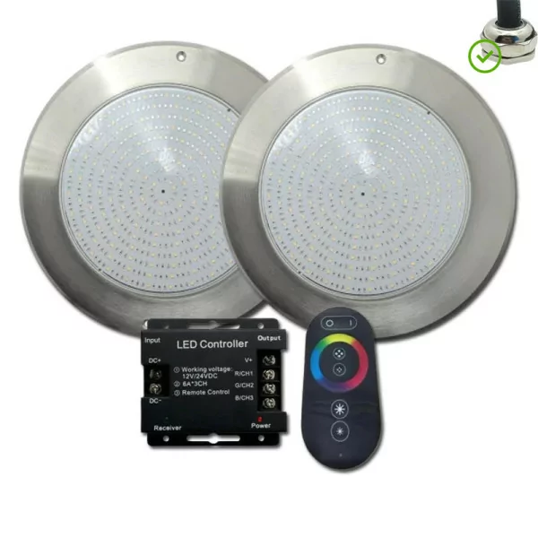  Foco LED RGB 4 Hilos Acero Inoxidable 28CM ø 35W + Transformador + Mando Swimhome Focos más controlador y transformador