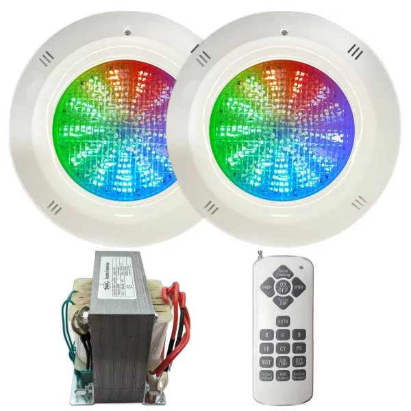 Pacote 2 projectores LED RGB ON/OFF Gama Basic 18W 12V AC para piscina com transformador e controlo remoto - 1