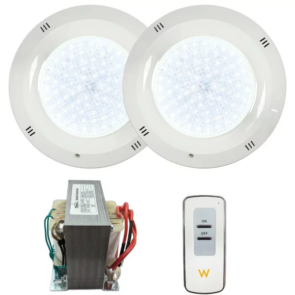 Pack 2 spots à LEDs blanches 35W 12V AC/DC pour piscine avec transformateur et télécommande - 1