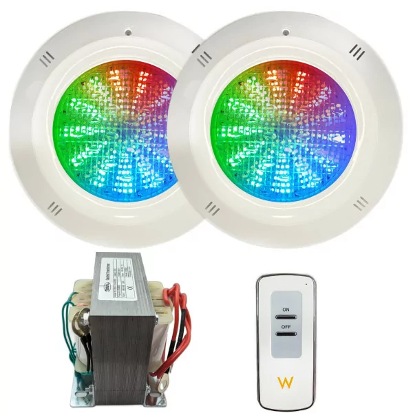 Pacote de 2 luzes de piscina RGB Basic Range LED ON/OFF 35W 12V AC/DC com transformador e controlo remoto - 1