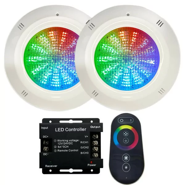 Pacote de 2 projectores LED RGB de 4 fios de 18W montados à superfície para piscina com controlo remoto avançado - 1