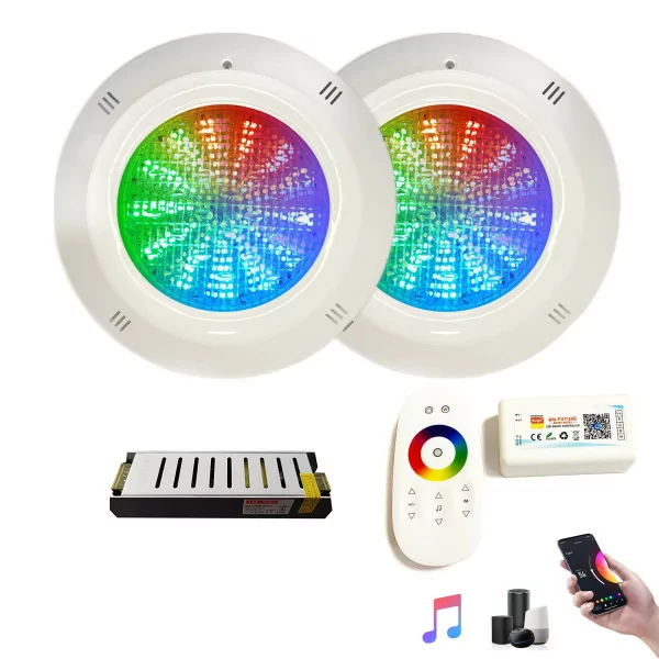 2 Projectores de Piscina WiFi 35W LED RGB 12V DC Cabo de 4 fios | Com Controlo Remoto e Transformador